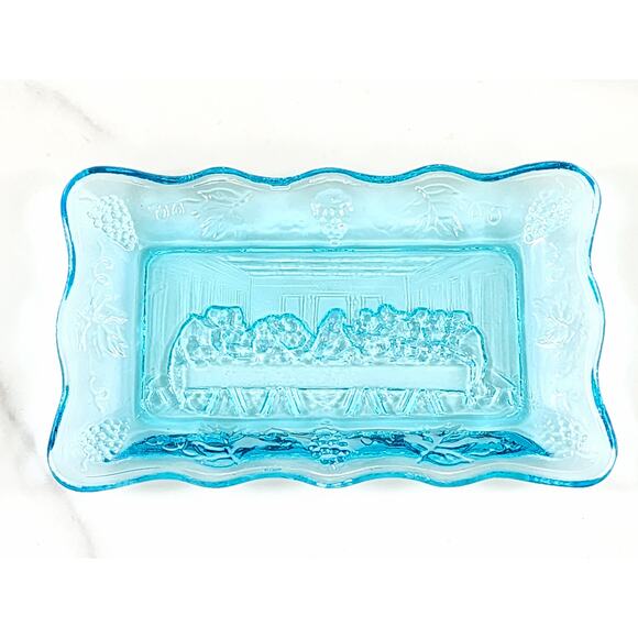 The Last Supper Aqua Blue Indiana Glass Mini Dish Tray 5 1/2" x 3 1/2" 70s Vtg - Picture 12 of 14